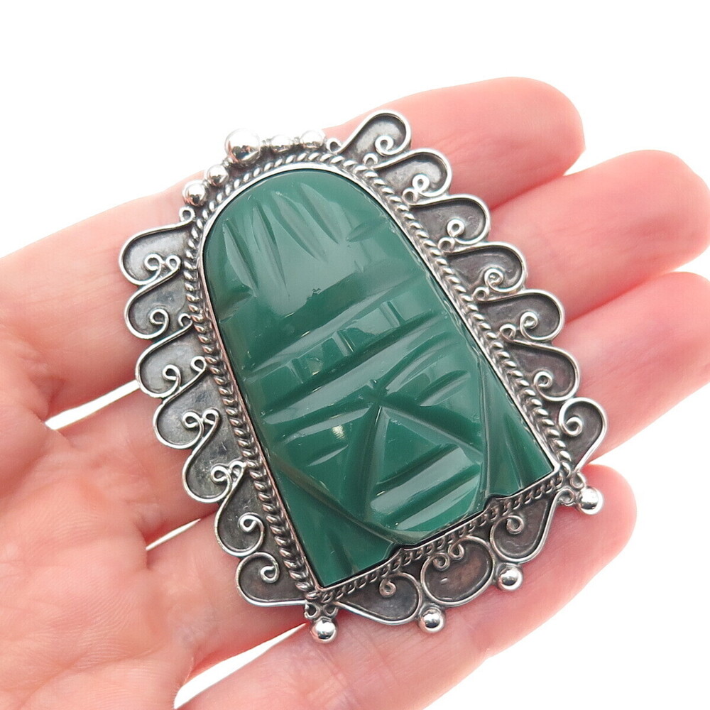 925 Sterling Silver Vintage Mexico Real Green Onyx Aztec God Pin Brooch